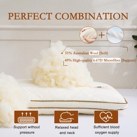 YOUR MOON Organic Wool Pillow Queen Size Set of 2, Support Firm Bed Pillows for Sleeping, Luxury Premium Wool & Down Alternative Pillow for Side Sleepers, 100% Cotton Cover(Off White)