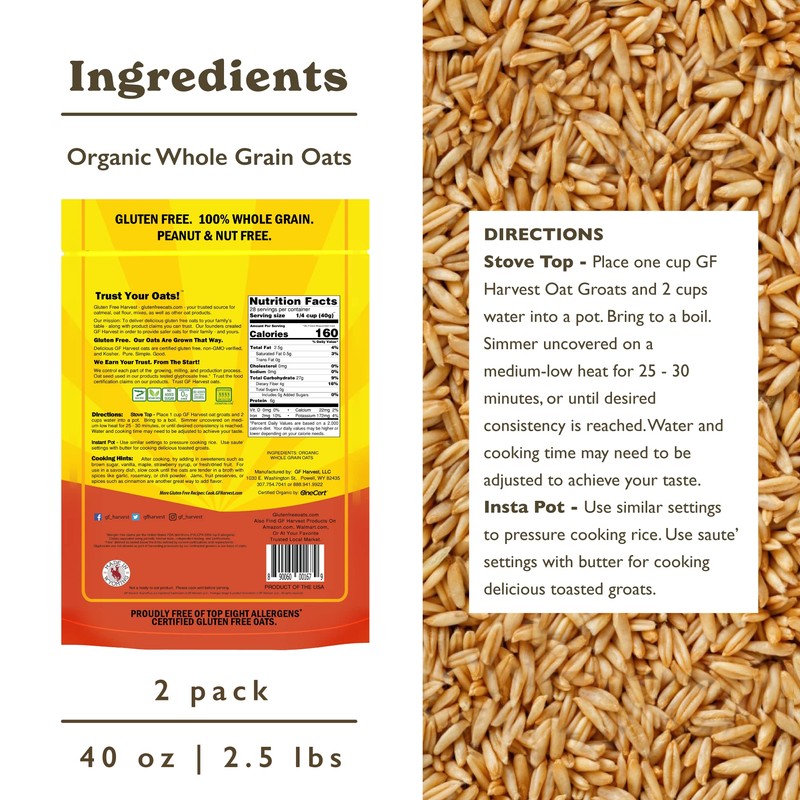 GF Harvest Gluten Free Organic Oat Groats, 2.5 Pound Bag,