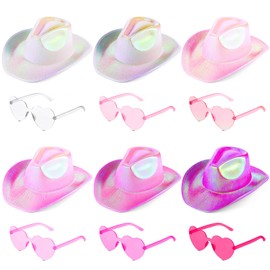 Haysandy 12 Pcs Holographic Space Cowgirl Hat with Rimless Sunglasses Neon Sparkly Cowboy Hat and Heart Sunglasses for Women(Pink Gradient,Classic)