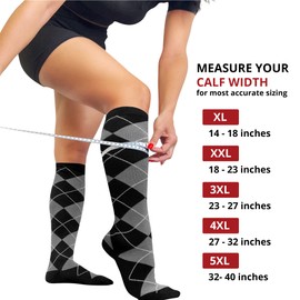 BAMS Plus Size Compression Socks Wide Calf XL XXL XXXL – Graduated Knee-High Support, Viscose from Bamboo Easy-On/Easy-Off (Argyle Gray, XXL)