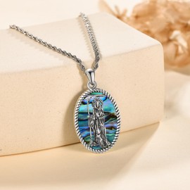 VENACOLY Santa Muerte Necklace Sterling Silver Abalone Shell Pendant Grim Reaper Mother's Day Jewellery for Women Mum