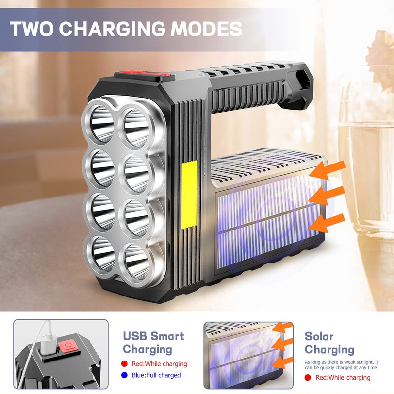 8 LED Solar Flashlight with COB Sidelight, 1000 Lumens Solar