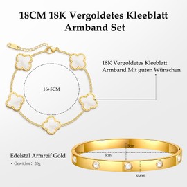 Pack of 2 Clover Leaf Bracelet Gold Women's 18 cm 18 K Gold-Plated Four Leaf Bracelet Clover Cubic Zirconia Bangle Gold Bracelets Women's Jewellery Gift for Women, Stainless Steel