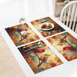 Fall Cardinal Placemats Set of 6, 12x18 Inch Atumun Maple Leaves Table Place Mat Seasonal Leaf Washable Non-Slip Heat Resistant Fabric Placement Mats for Party Dining Kitchen Indoor Outdoor Decor