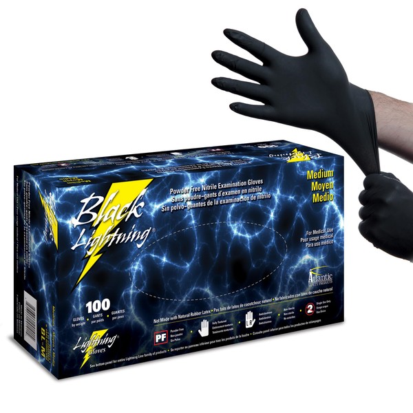 Atlantic Safety Products Black Lightning Exam Gloves, Disposable, Powder-Free Nitrile Gloves, Black, Medium, 100-Ct
