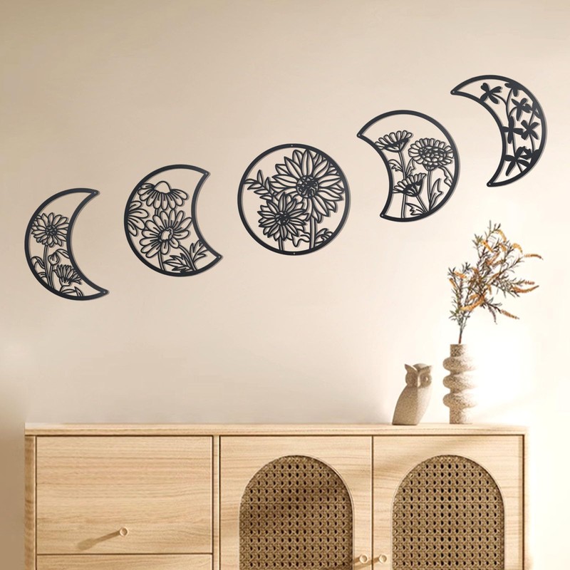 OYEFLY 5 Pieces Metal Moon Phase Wall Decor,Black Boho Moon