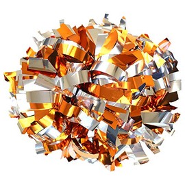 Danzcue 6 Inches Metallic Cheerleading Pom Pom with Baton Handle Pack of 2 (One Size, Orange-Silver)