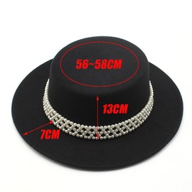 Womens Wide Brim Fedora Hat with Pearl Band Classic Flat Top Hat Felt Vintage Fedora Derby Felt Cap for Wedding Party Talent Show Performance Props and Daily Use(Black)