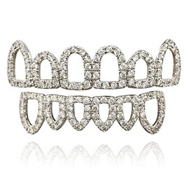 Psivika Gold Shiny Plated Hip Hop Teeth Grillz Caps Iced Out CZ Top and Bottom Vampire Fangs Grillz for Your Teeth for Men and Women (Silver)