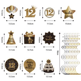 Happy 12th Birthday Party Hanging Swirls Streams Ceiling Decorations, Celebration 12 Foil Hanging Swirls with Cutouts for 12 Years Old Black and Gold Birthday Party Decorations Supplies