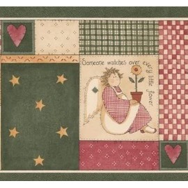 CONCORD WALLCOVERINGS ™ Wallpaper Border Vintage Pattern Angels Hearts for Play Room Bedroom Nursery Room, Beige Green Red, 15 ft by 7 in HBR3864