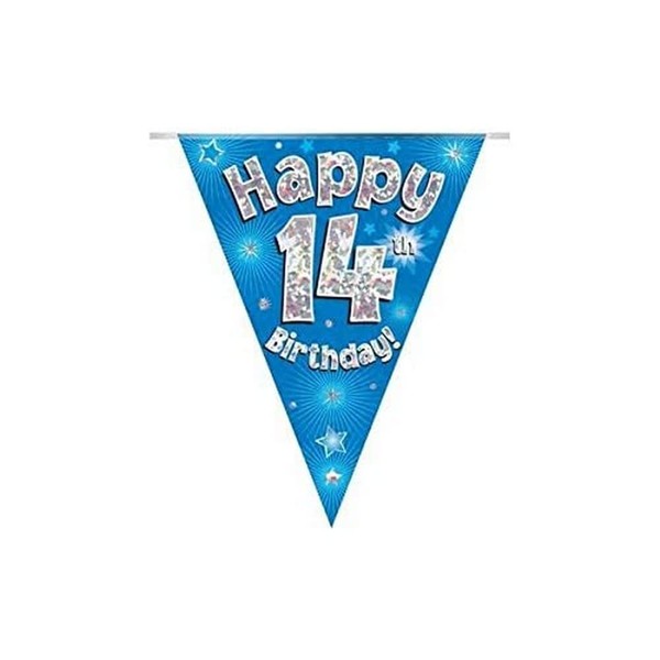 OAKTREE UK 631267 Party Bunting Happy 14th Birthday Blue Holographic 11 Flags 3.9m