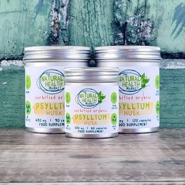Organic Psyllium Husk Capsules 650mg by The Natural Health Market (120 Capsule Tin) | High Soluble Fibre Supplement | Organic Prebiotic Supplement | Plastic Free Vegan Capsules