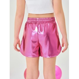 Haloumoning Girls Metallic Shorts Sparkly Dance Outfits Elastic Drawstring Shiny Hot Short Pants 5-14 Years, Pink, 5-6 Years