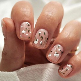 Square Press on Nails Short Fake Nails with White Flower Glue on Nails Nude Full Cover False Nails Glossy Nails Press ons Artificial Stick on Nails for Women 24Pcs