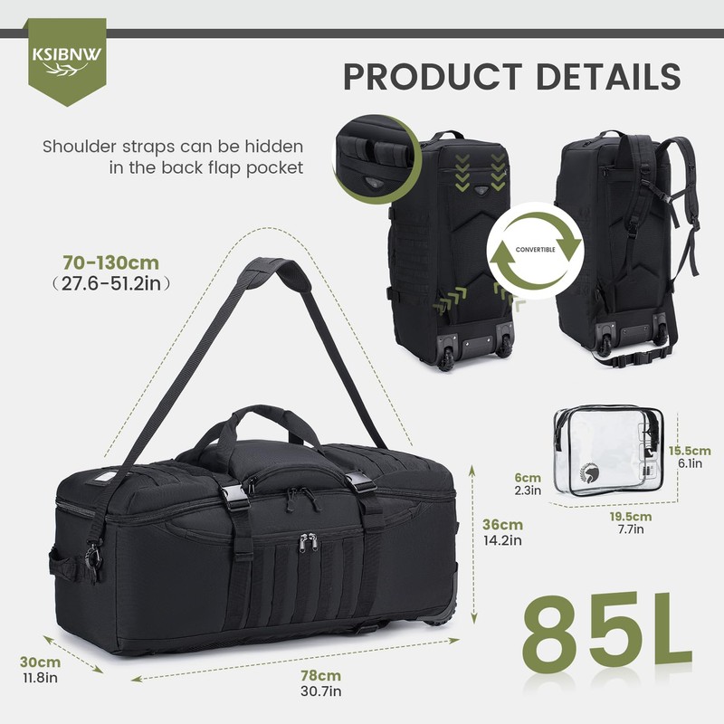 KSIBNW Duffel Bag with Wheels and Handle, 4 In 1