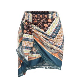 ZAFUL Slit Skirt for Women Boho Paisley Printed Wrap Skirt Tie Side Sarong Bodycon Mini Short Skirt for Beach Party(Boho-Peacock Blue,M)