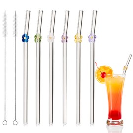 Snowfall 6 Pack Glass Drinking Straws, 7.6''x6 mm Reusable Straws for, Juices, Teas, Milk, Dishwasher Safe (Flower)