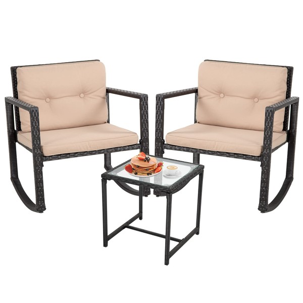 FDW Wicker Patio Furniture Outdoor Bistro Set, Rocking Chair, 3 Piece, Rattan Conversation Set for Backyard Porch Poolside Lawn with Coffee Table,Black