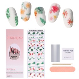 TOROKOM Cured Gel Nail Strips, White Flower Gel Nail Strips Long Lasting Waterproof Real Nail Polish Strips Wraps Stickers with Cuticle Stick, Nail File, Nail Wipes &Sealing(UV/LED Lamp Required)