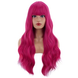 Hot Pink Long Curly Wavy Wig with Bangs
