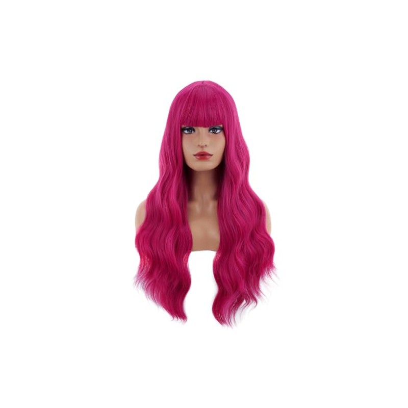 Hot Pink Long Curly Wavy Wig with Bangs
