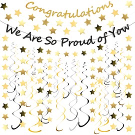 SmoothNovelty 2 Glitter Congratulations We are So Proud of You Banner 30 Ceiling Swirl Foil Hanging Plastic Streamer 6 Star Garland Total 38 Pcs 2024 Graduation Party Decorations(Black and Gold)