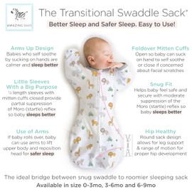 Amazing Baby Transitional Swaddle Sack, Arms Up Half-Length Sleeves & Mitten Cuffs, Swaddle for Newborn Transition to Baby Sleep Sack Wearable Blanket, Medium, 3-6 Month, 14-21 lb, On Safari