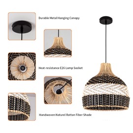 Rattan Pendant Light Bamboo Hanging Lights Cord Bamboo Hanging Lamp,15.74in Black White Handmade Woven Boho Wicker Basket Chandelier, for Living Room Bedroom Kitchen Hallway Dining Room Farmhouse