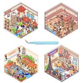 New 4PCS Fun DIY Stickers Scene，Cute 3D Korean Cartoon Scene Sticker for Adult and Children Relief Stress Pass The Time，Mini House Sticker with Tweezers(02)