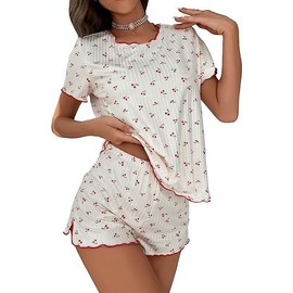 SOLY HUX Pajama Set for Women Cute Print Short Sleeve Tee and Shorts Lounge Sleepwear Beige Cherry S