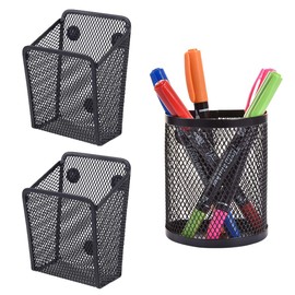 RoadLoo Metal Magnetic Pen Holder, Pack of 3 Magnetic Storage Basket, Black Mesh Storage Basket for Pens and Other Utensils, Fridge Locker Accessories, Organiser, Office Supplies