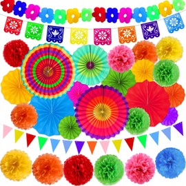 [ 5 Varieties ] Día de Muertos Decorations Fiesta Party Decorations, Multicolor Hanging Paper Fans Pom Poms Fiesta Banner for Day of the Dead Decorations Mexican Themed Party Decorations Taco Tuesday