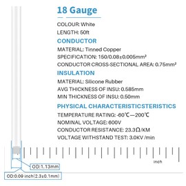 BNTECHGO 18 Gauge Silicone Wire Spool 50 ft White Flexible 18 AWG Stranded Tinned Copper Wire Single Conductor Wire