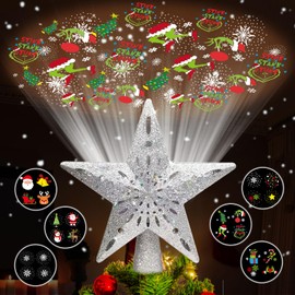 Wninbu Christmas Tree Topper Star Lighted with 6 Projection Modes,Christmas Star Tree Topper Projector Built-in LED Rotating Lights,3D Glitter Dynamic Projector Party Christmas Decorations (Silver)