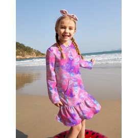BesserBay Girls Summer Button Down Terry Towel Dress Ruffle Trim Soft Loose Fit Tie Dye Purple Beach Coverups 13-14 Years with Pockets