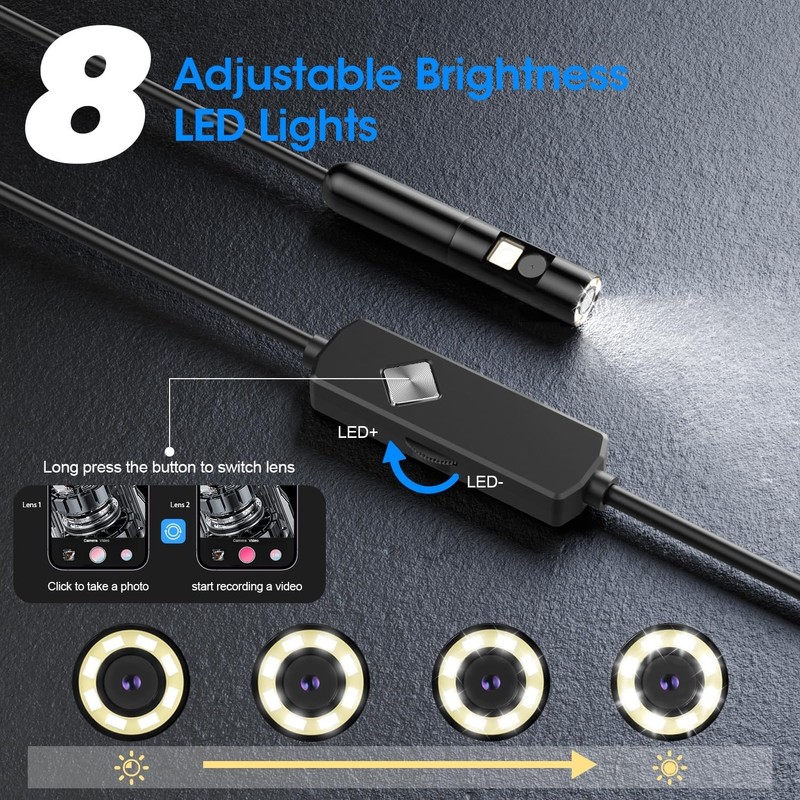 Endoscope with Light, 1920P HD Borescope with 8 Adjustable LED
