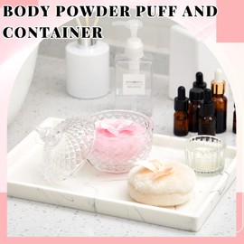 Tioncy 3 Pcs Large Body Powder Puff and Container Glass Powder Container with Puff Powder Puff Crystal Container Soft Washable Reusable Velour Face Body Glitter Powder Puff Wet Dry Makeup