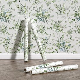 GeRRiT 17.32"x118" Modern Peel and Stick Wallpaper Boho Green/White Eucalyptus Leaf Floral Wall Mural Home Nursery Decor Renter Friendly Wallpaper