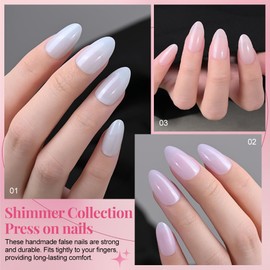 Press on Nails Almond Short, White Light Violet Purple Ruby Dark Red Nude Pink Brown Shimmer Glossy Soft Gel Press on Nails for Gift, Reusable Stick on Nails with Glue in 15 Sizes 180Pcs Fake Nail Kit