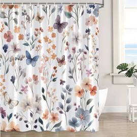 Floral Shower Curtain Colorful Watercolor Flower Plant Cute Botanical Leaf Wildflower Butterfly Boho Vintage Rustic Fabric Bathroom Decor Curtain with Hooks