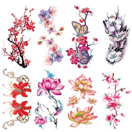 Yesallwas Tattoo Stickers, Flower Rose, Set of 8, Lamey, Butterfly, Peach Lotus Flower Tattoo Stickers, Rose Tattoo Stickers, Body Stickers, for Kids, Women, Tattoos, Long Lasting, Waterproof, Flower Tattoos 3.5 x 7.5 inches (9 x 19 cm)
