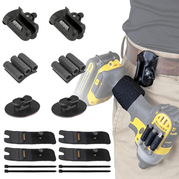 Spider Tool Holster - Quad Tool Kit - Adhesive Tool Tabs + BitGrippers + Self locking, quick draw Belt Holster Clip for carrying a power drill, driver, hammer, tape measure, pneumatic, light and more!