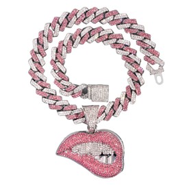 Iced Out Chain for Women Men, Cuban Link Chain, Hip Hop Pink Bite Lip Shape Pendant Necklace for Women with Bling Iced Out Silver Color Cuban Link Chain HipHop Necklace Jewelry (16 Inches, Silver Pink)