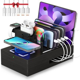 Darfoo Bamboo Charging Station Multiple Devices - Qi Certified Fast Wireless Charger & 7 USB Ports Wood Charging Station for Phones, Tablets, Smart Watches & Earbuds (Black)