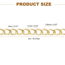 sourcing map 16.4Feet Aluminum Link Chain, Link Cable Chain Oval Plated Chain Bulk Craft Making Chain Roll for DIY, 11x8x1.85mm, Gold