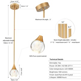 1-Light Teardrop Crystal Pendant Light, Brass Gold Globe Ceiling Hanging Light Fxitures, LED Raindrop Light Fixtures Metal Rod Ceiling Glass Pendant Lighting for Kitchen Island Dining Room Bar