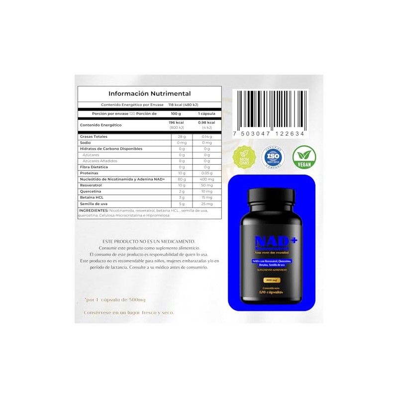 AKAM NAD+ 120 Caps 500mg con Resveratrol y Quercetina |