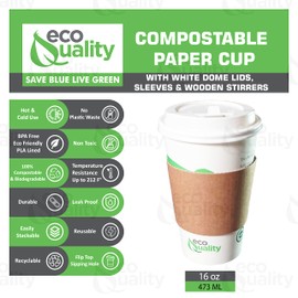 16 oz Compostable Paper Cups with White Dome Lids, Sleeves and Wooden Stirrers - Biodegradable Disposable White Paper Coffee Cups PLA Lined - Eco-friendly Hot and Cold Drinking Cups (25)