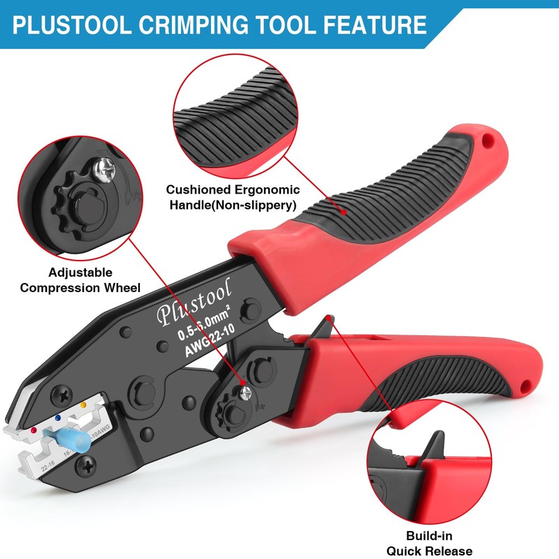 Plustool 6PCS Crimping Tool Set - Ratcheting Wire Crimper -